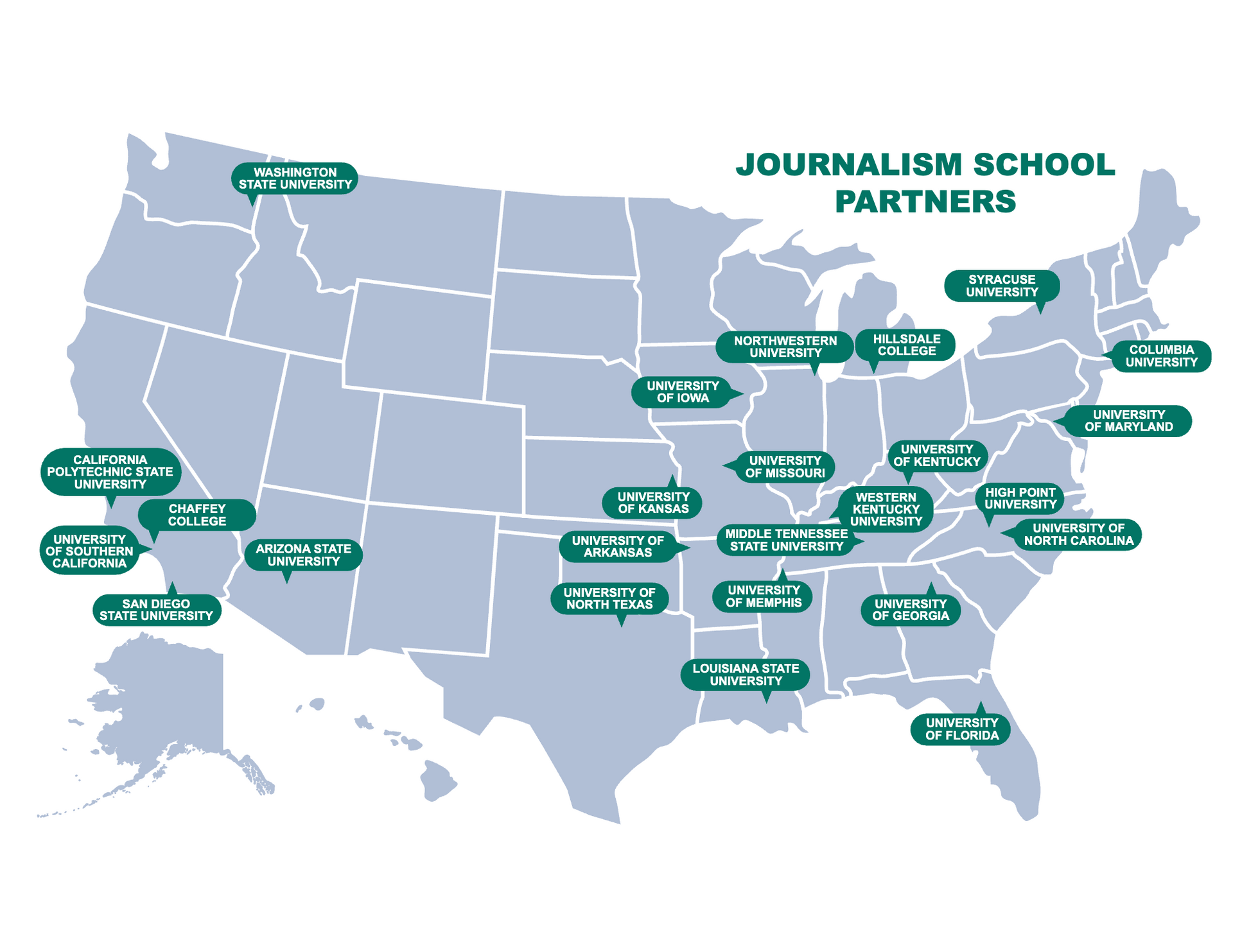 U.S. map with many green journalism school partner labels and a “JOURNALISM SCHOOL PARTNERS” title