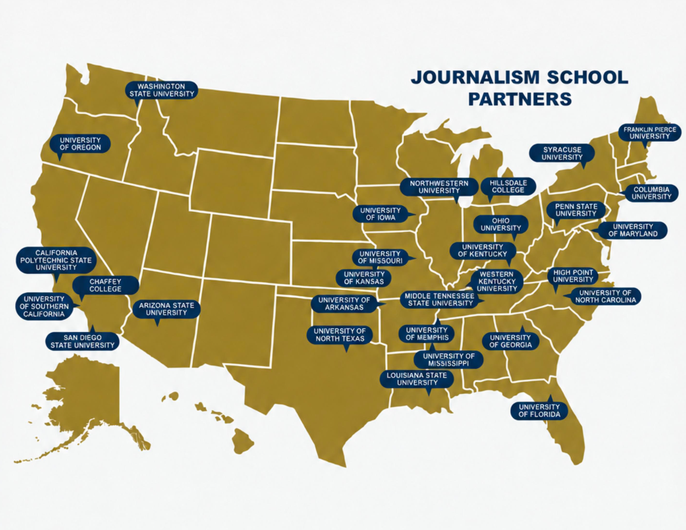 U.S. map with many green journalism school partner labels and a “JOURNALISM SCHOOL PARTNERS” title