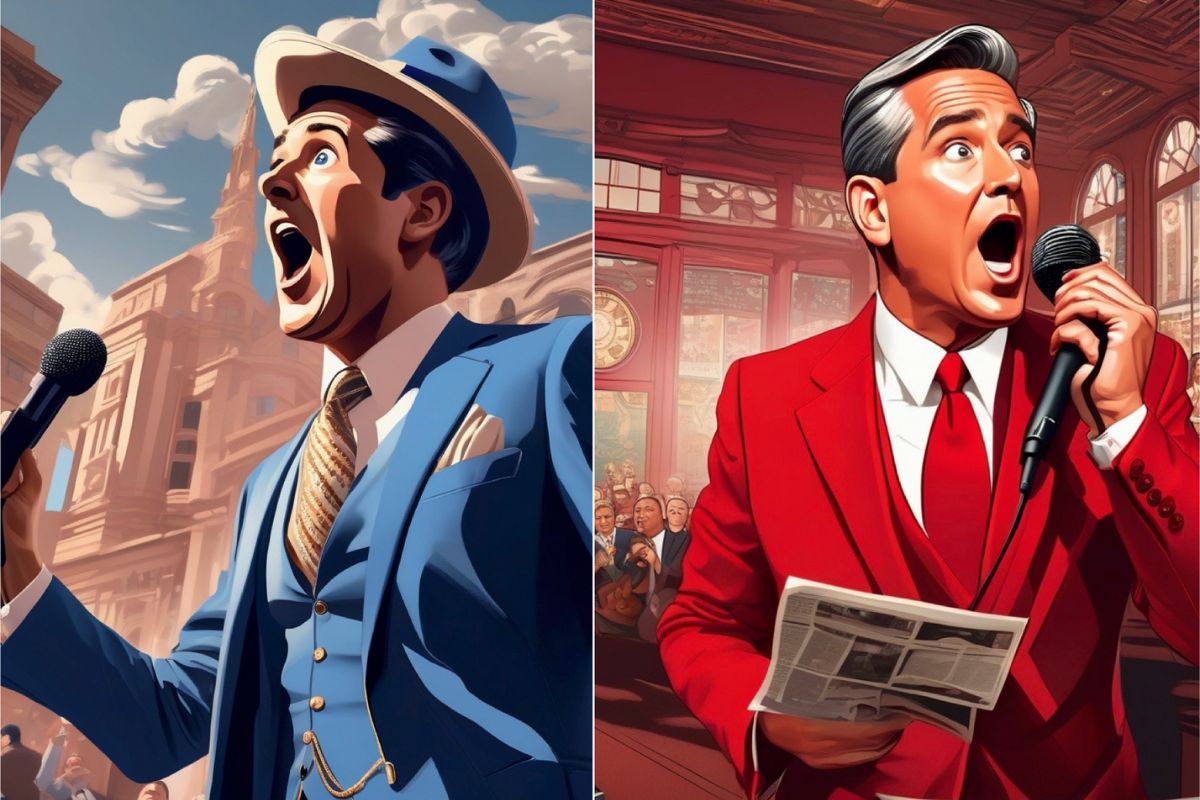 A man in a blue suit is singing into a microphone and a man in a red suit is holding a newspaper.