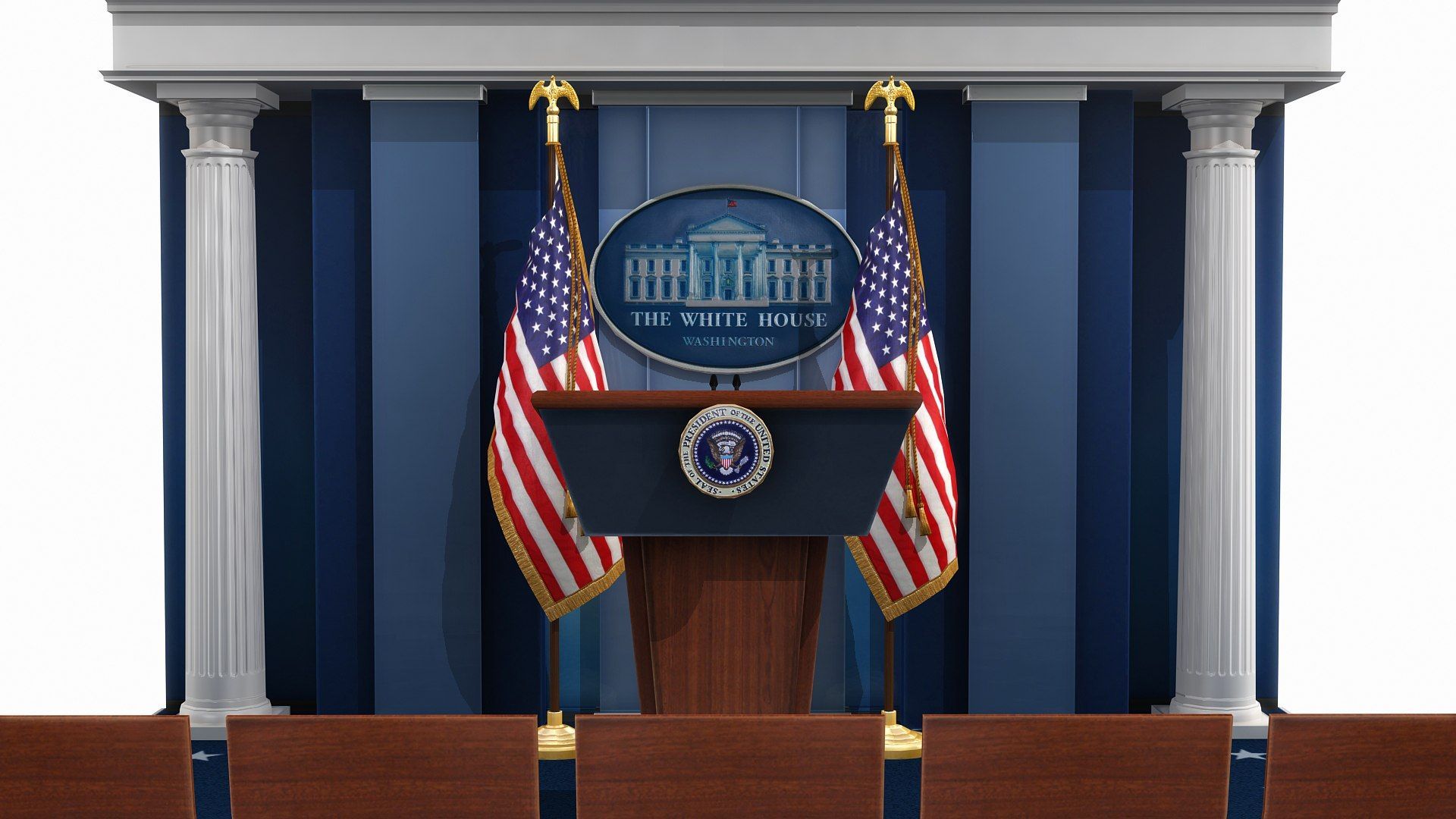 A podium with two american flags hanging from it in front of a white house.