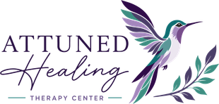 Attuned Healing Therapy Center logo with purple and teal hummingbird and leafy accents