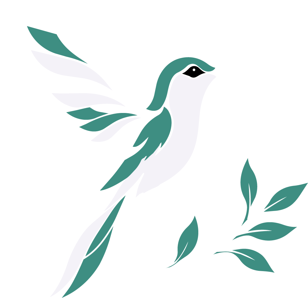Stylized teal and white bird in flight with leafy accents on a white background