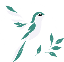 Stylized teal and white bird in flight with leafy accents on a white background