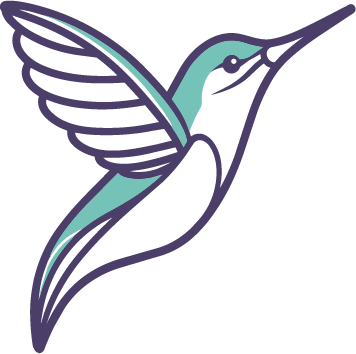 Stylized teal and purple hummingbird in flight with wings spread