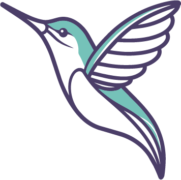 Stylized hummingbird in purple and teal, shown in flight with wings spread.