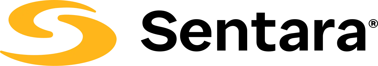 Sentara logo with orange abstract sun icon and black text on a white background