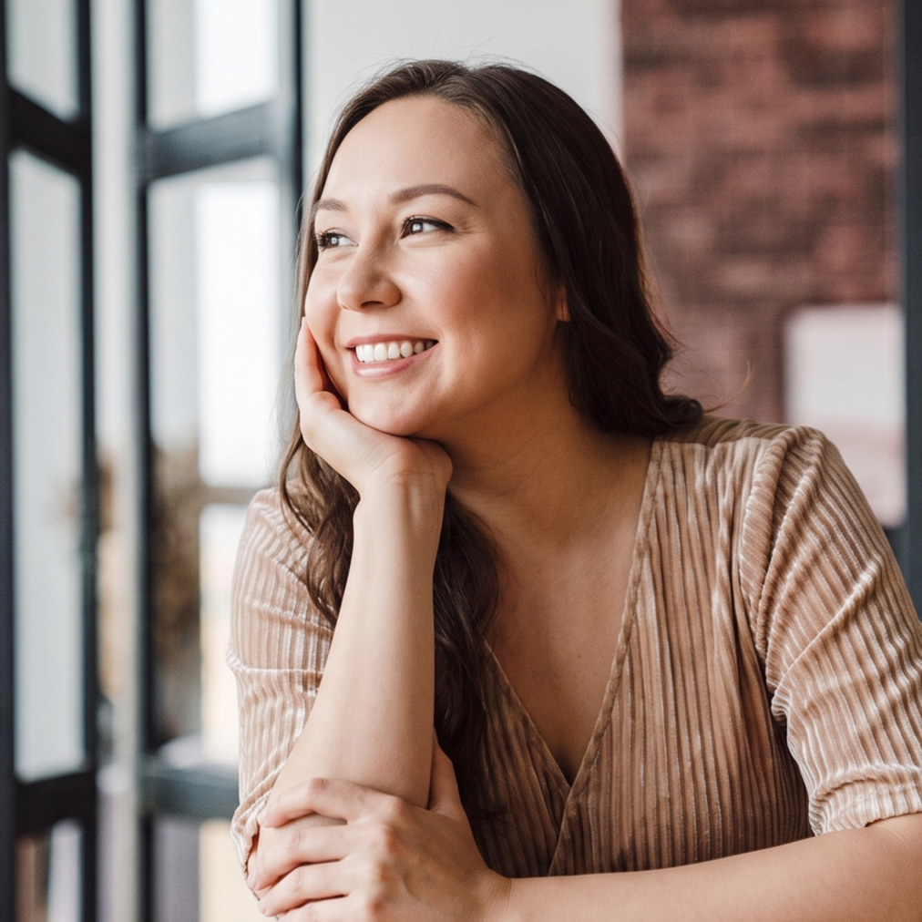 Smiling woman in a beige top resting her chin on her hand by a window