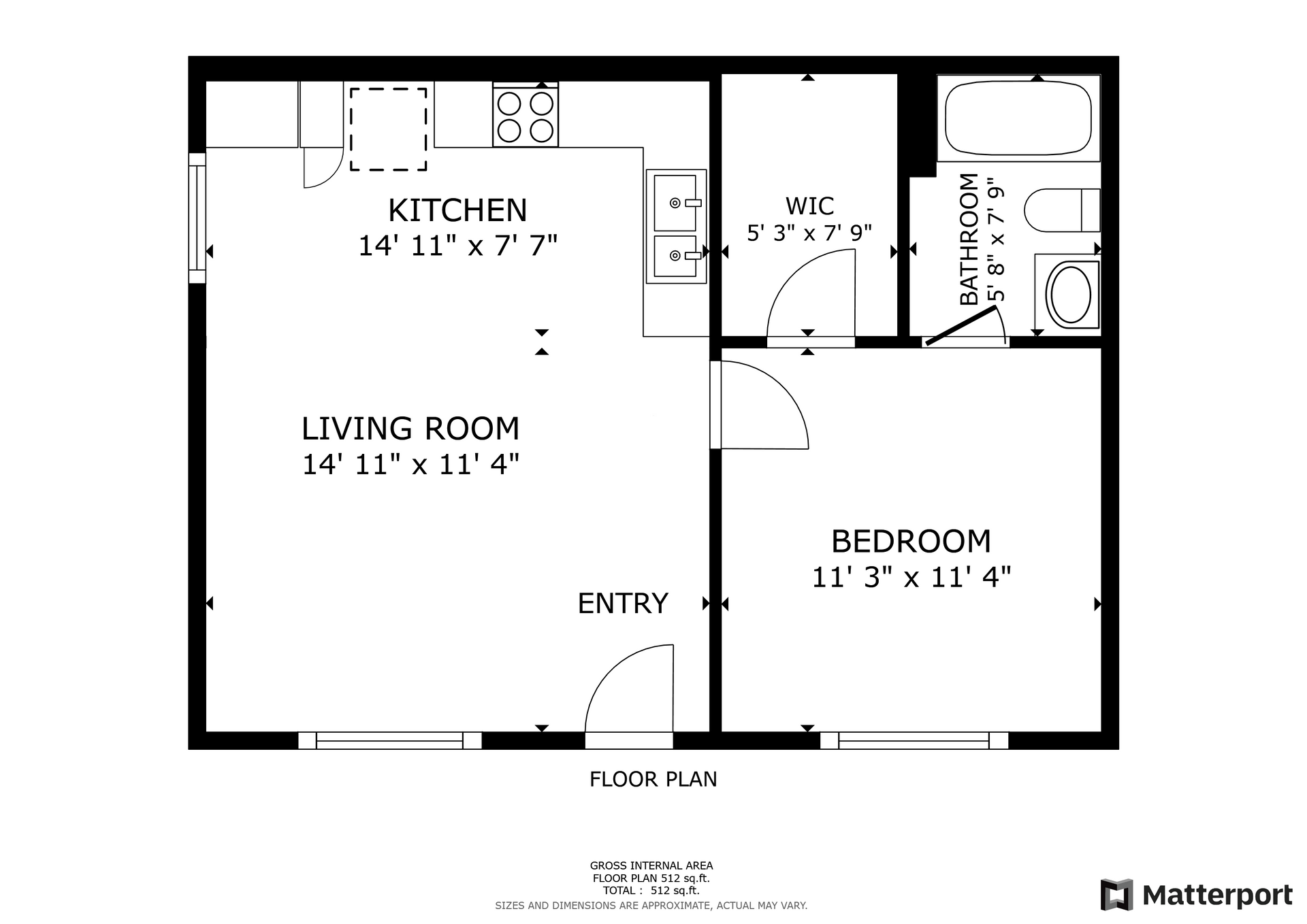 Floorplan for a 1 bed 1 bath apartment 