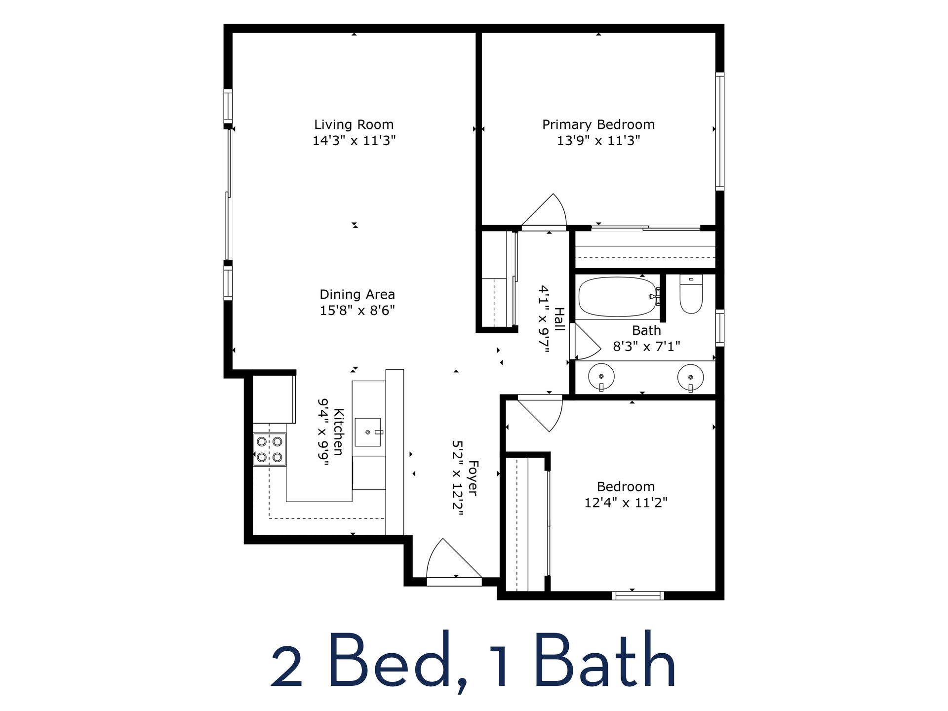 floorplan for 2 bed, 1 bath unit