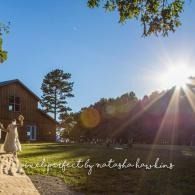 Sunlit outdoor scene by a rustic house, with a person in a dress standing near trees and bright lens flare.