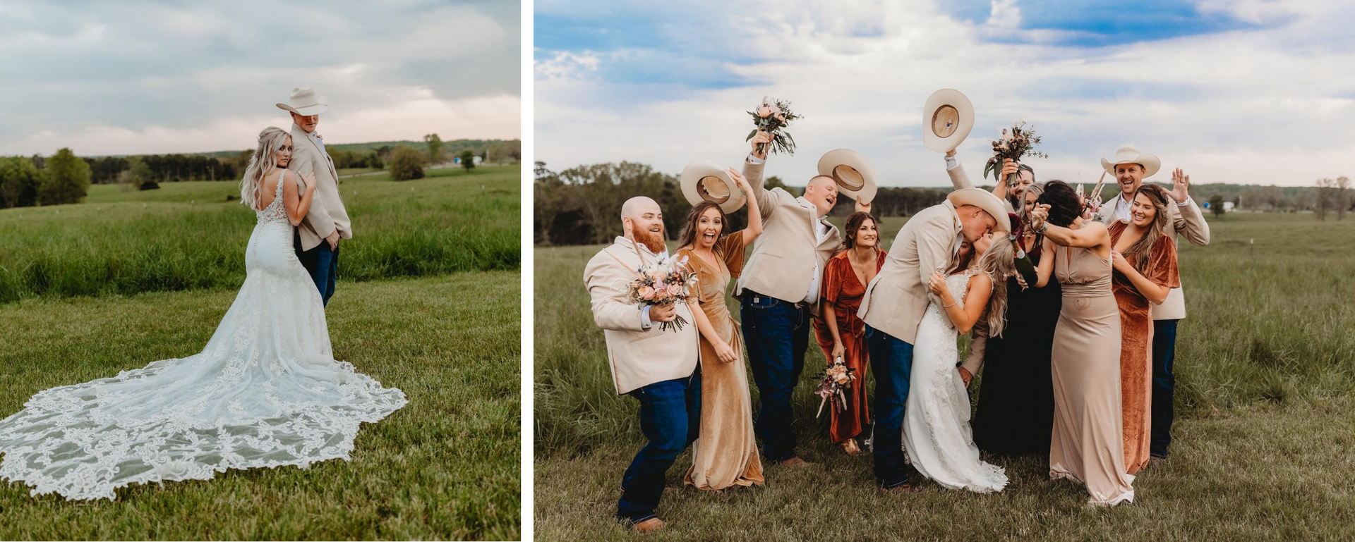 Bride in a white lace gown with bridal party posing outdoors in a grassy field, holding bouquets and hats