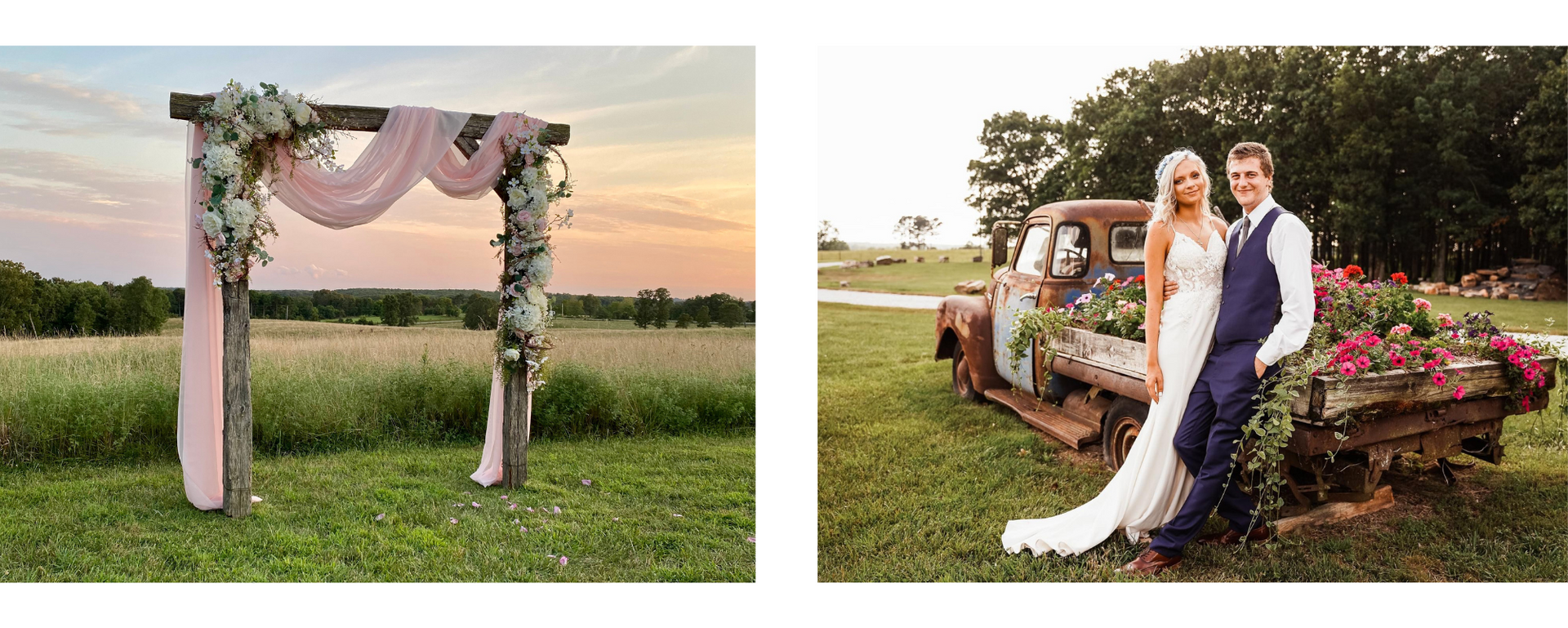 Wedding arch draped in pink fabric by a lake at sunset; bride and groom pose in front of a floral carriage.