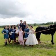 Wedding party posing in a grassy field beside a black horse and carriage under a cloudy sky
