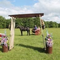 Horse-drawn carriage under a wooden arch in a grassy field, with floral decorations on both sides.
