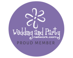 Purple Wedding and Party Network logo with white flower and text,