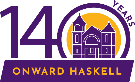 a purple and yellow logo for 140 years onward haskell