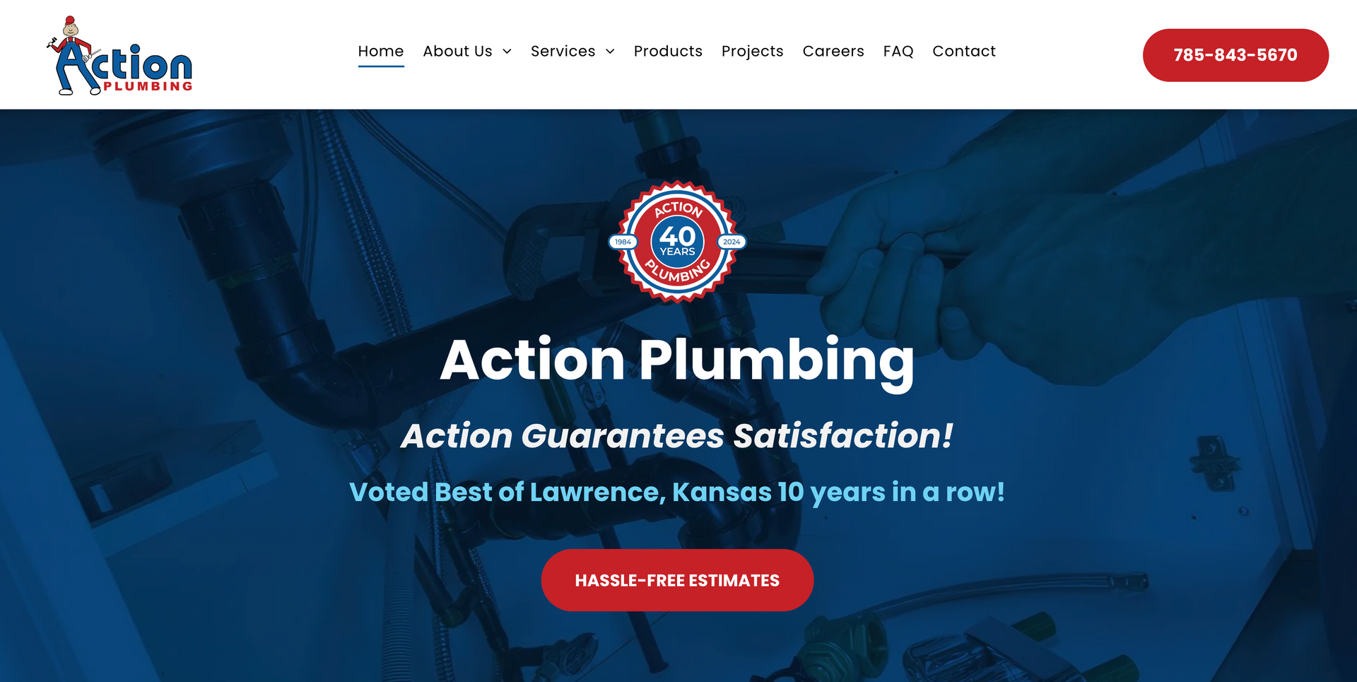 Action Plumbing website: plumbers working on plumbing, offering service in Lawrence, Kansas.
