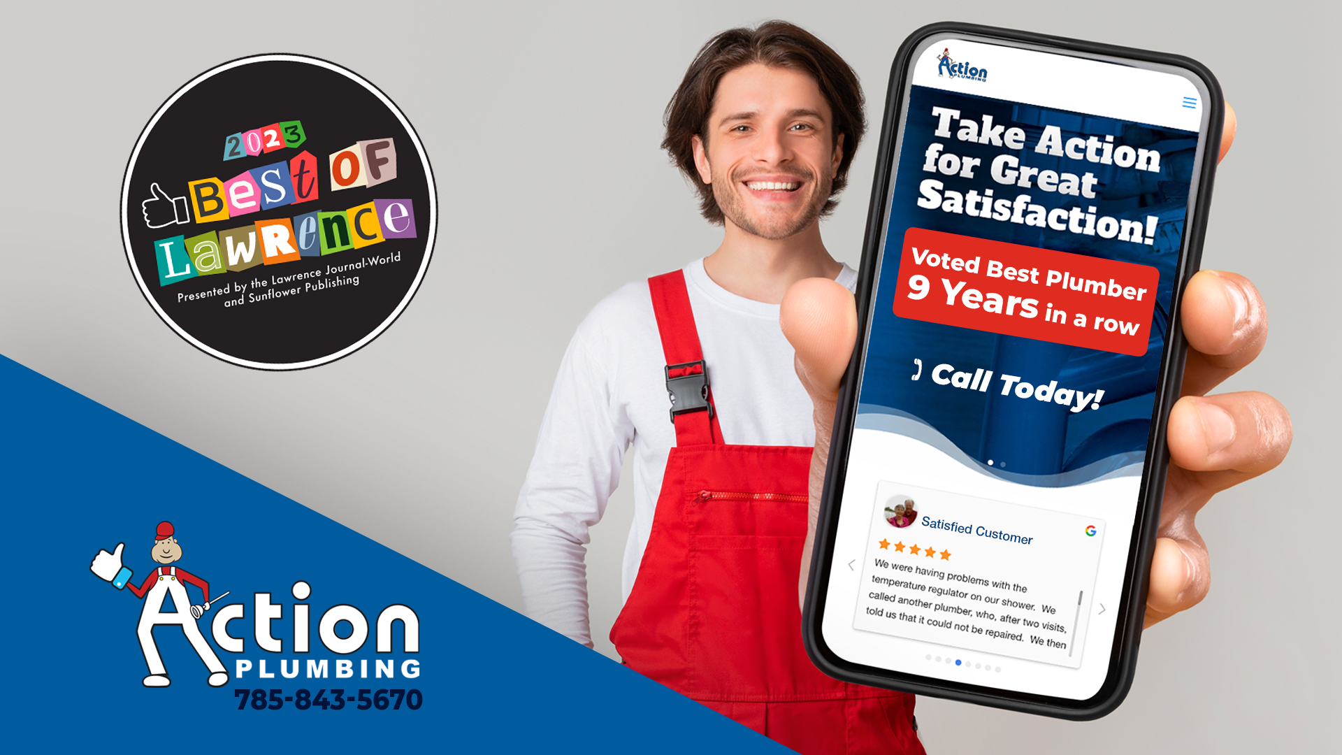 a man in red overalls is holding a cell phone in his hand .
