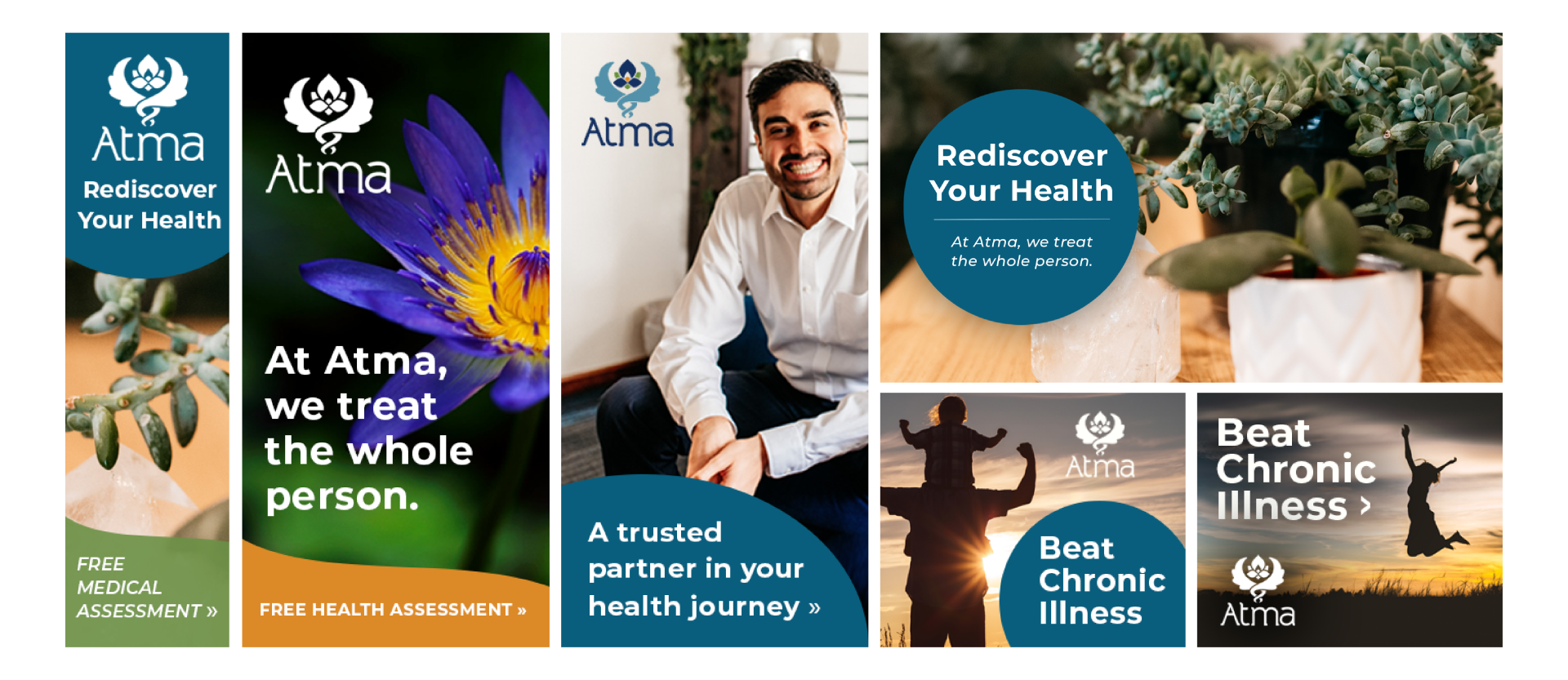 a collage of advertisements for atma , a company that treats the whole person .