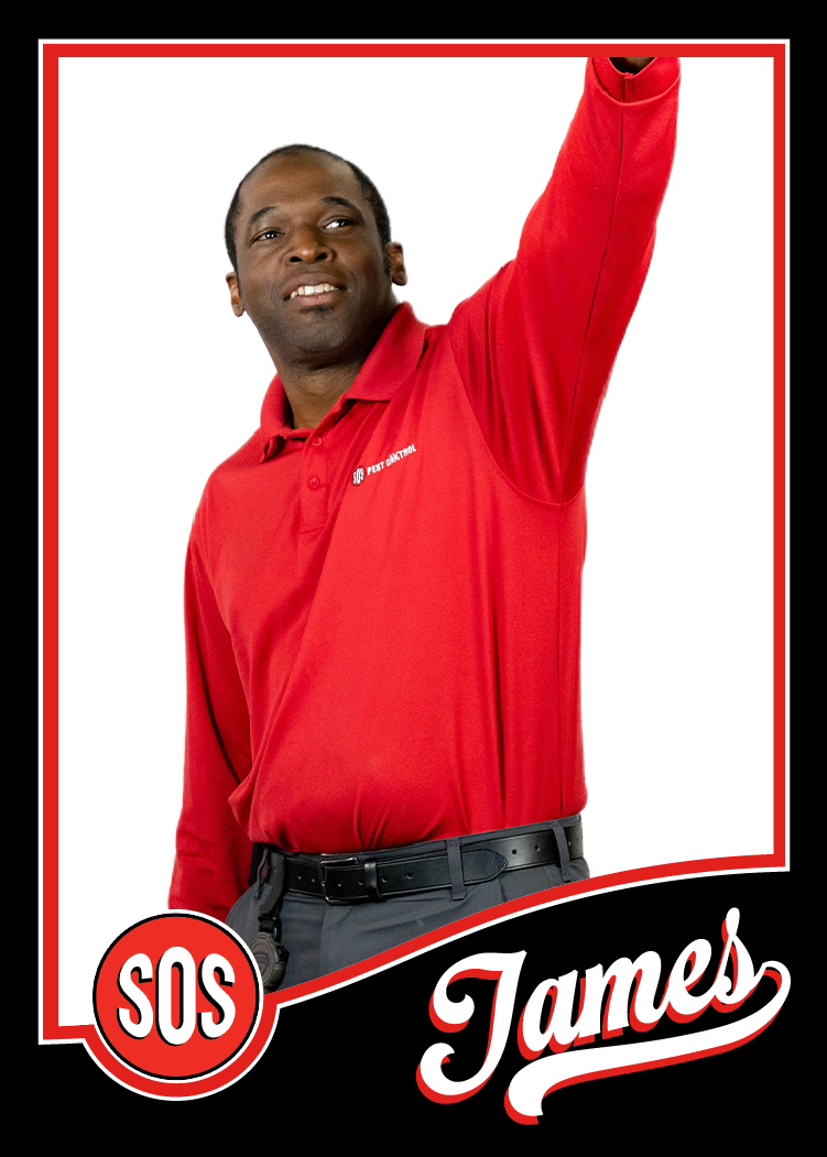 Professional photograph of an employee of SOS Pest Control taken by KMG. He is striking a funny pose.