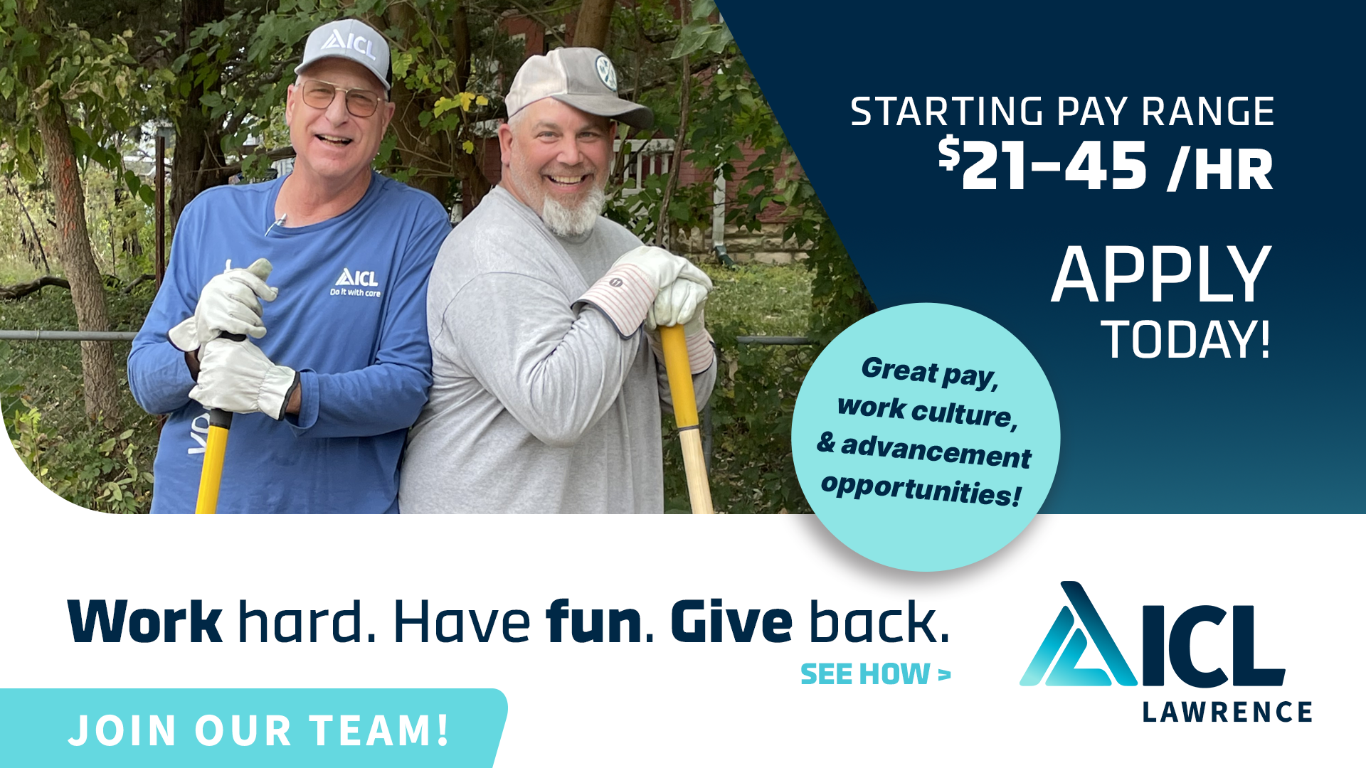 two men are standing next to each other with shovels in their hands .