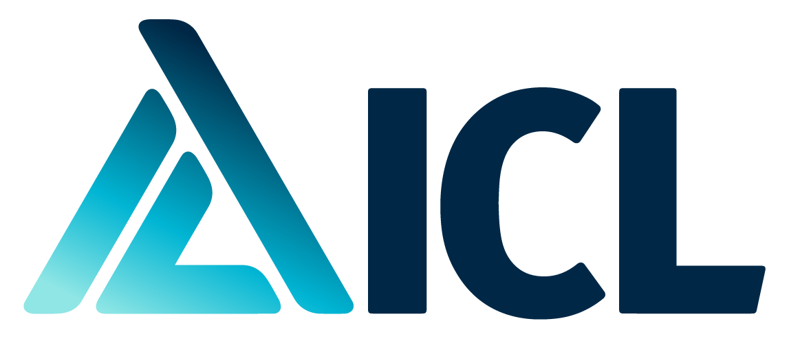 a blue and white logo for aicl on a white background .