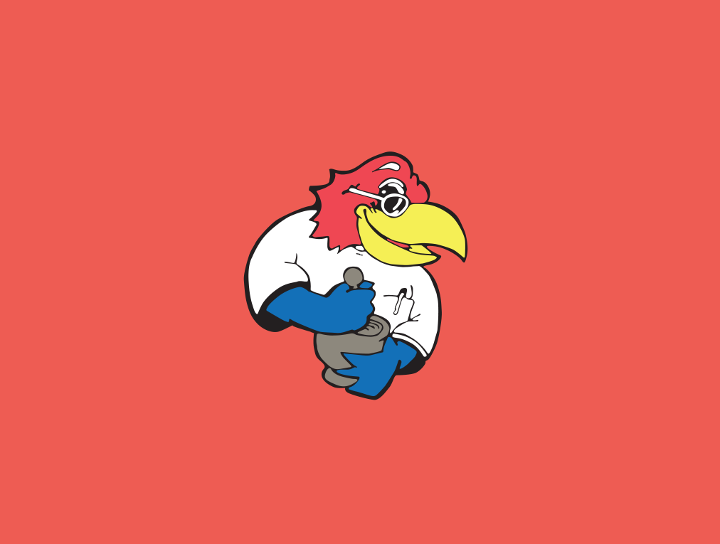 a cartoon of a rooster wearing headphones and a blue shirt on a red background .