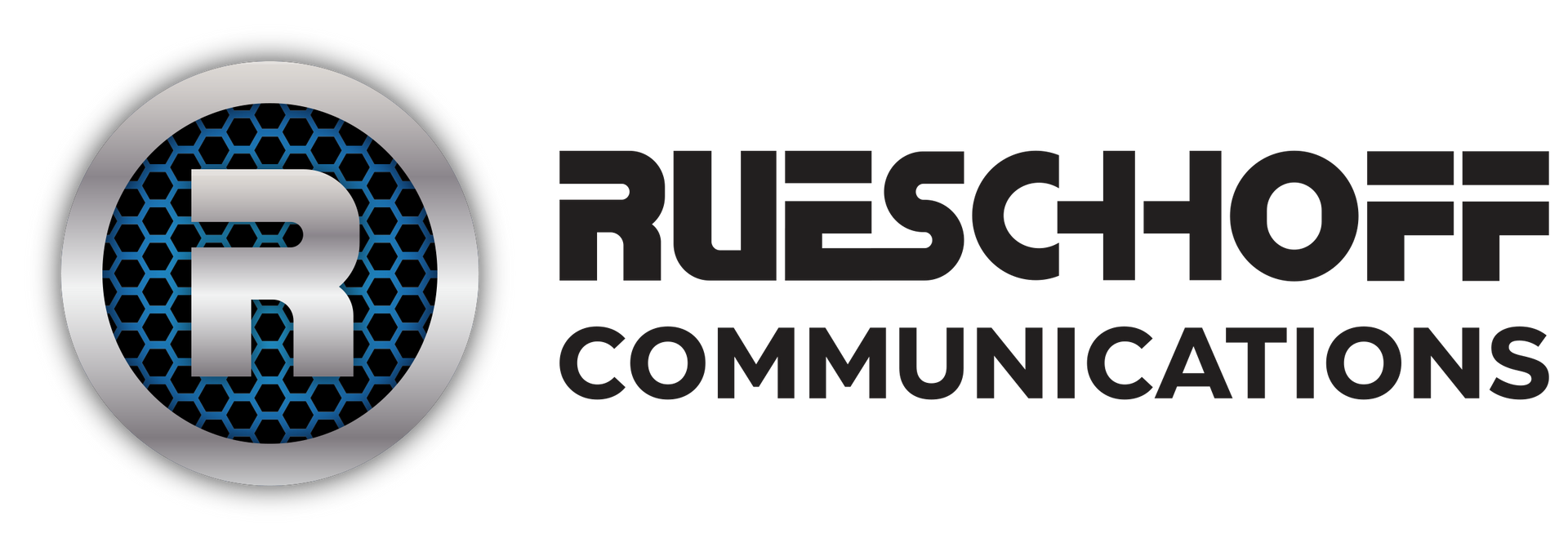 a logo for rushoff communications with a blue circle in the middle