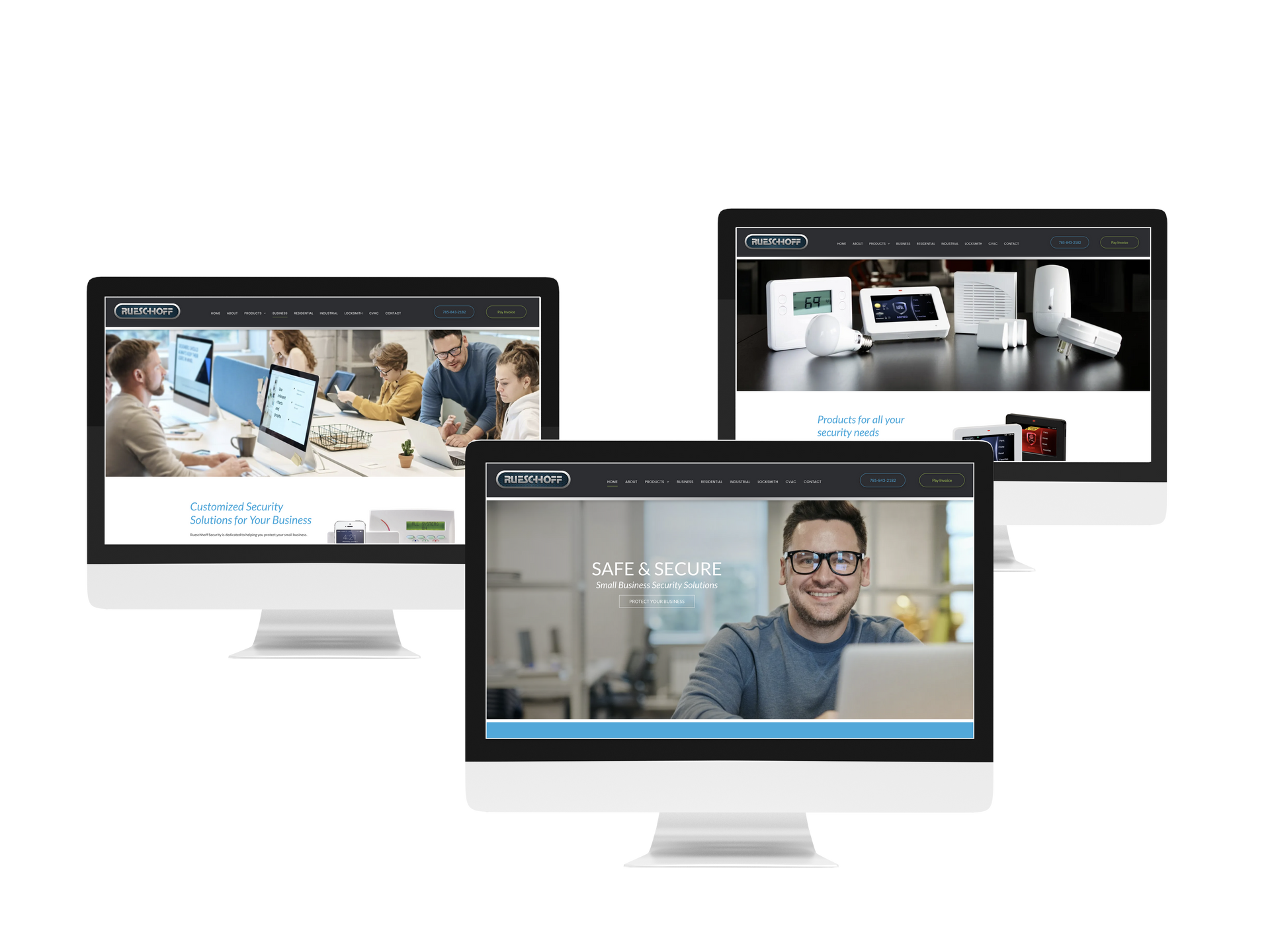 Three computer screens that have Rueschhoff Security webpages on them.