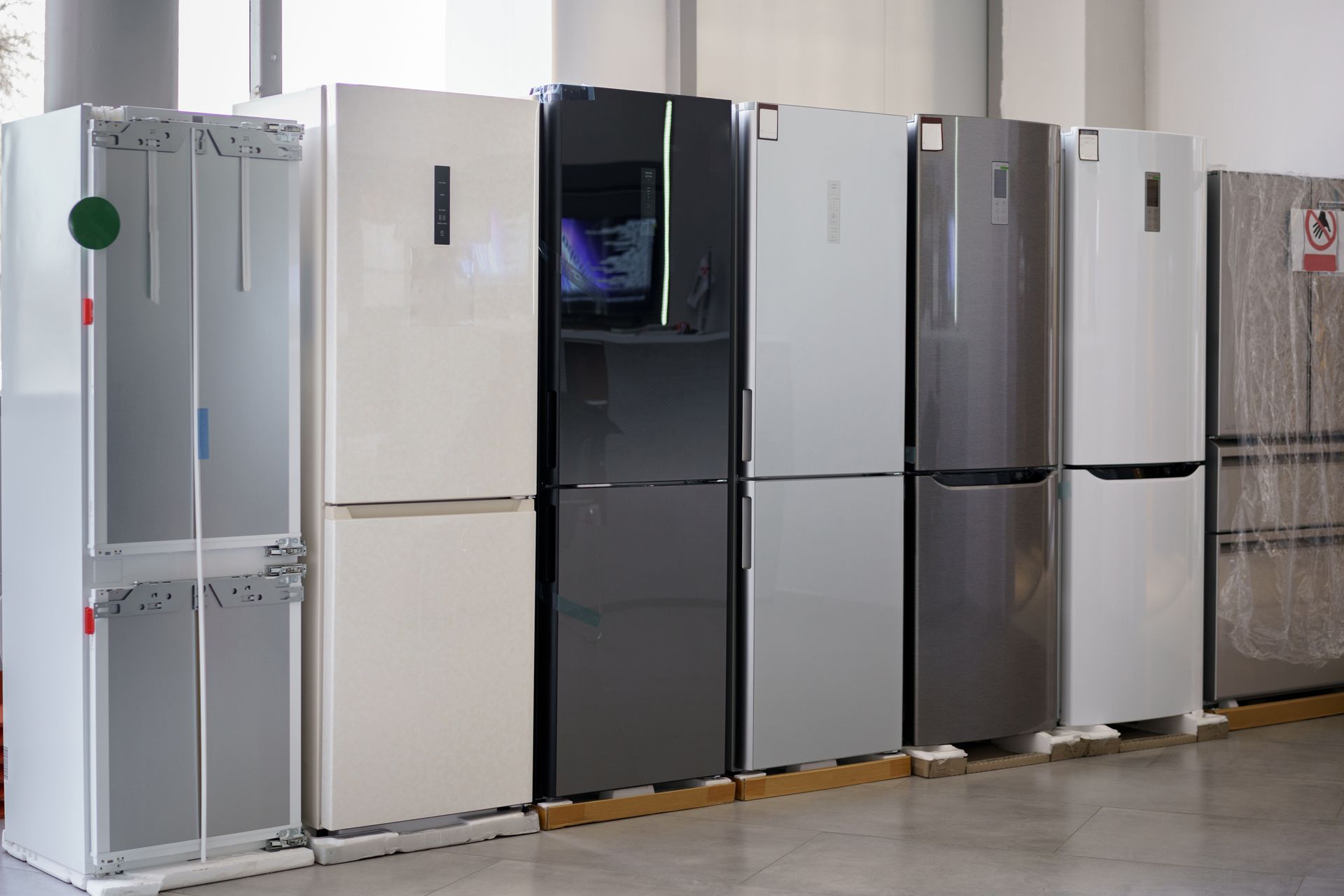 Row of second-hand fridges in a household appliances store.