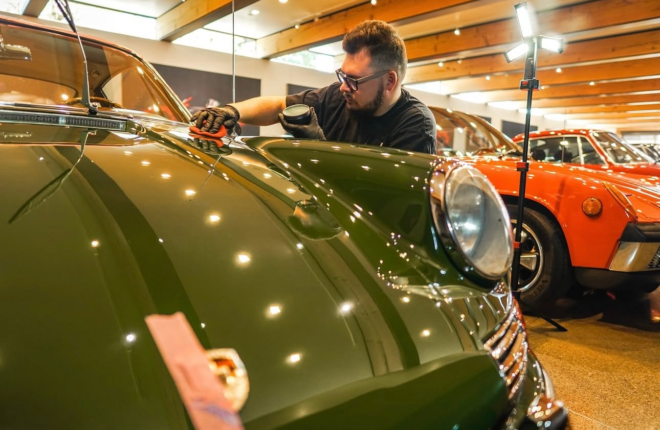 Detailing a vintage green Porsche 911