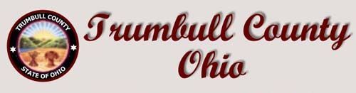 Trumbull County Ohio seal with sun, trees, and two figures.