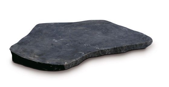 Piatto in pietra scura, dalla forma irregolare, su sfondo bianco.