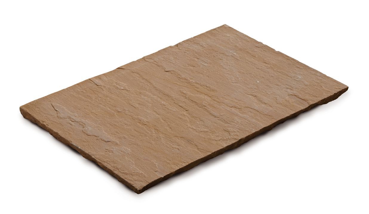 Lastra per patio in arenaria marrone con superficie strutturata.