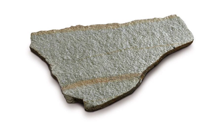 Piastrella in pietra grigia dalla forma irregolare, con superficie ruvida e strutturata e bordi marrone scuro.