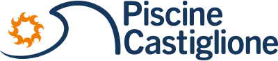 Logo di Piscine Castiglione, blu e arancione; grafica astratta con testo.