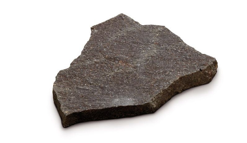 Lastra di pietra grigio scuro, dalla forma irregolare, su sfondo bianco.