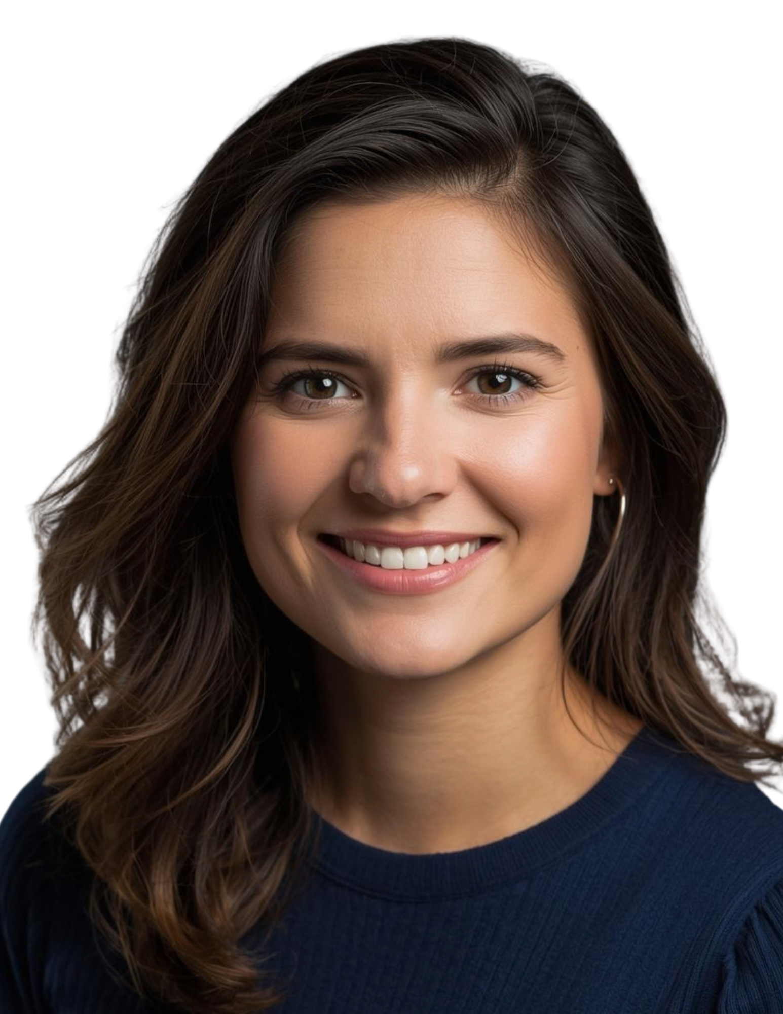 Smiling woman with dark hair wearing a navy top against a white background