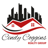 Cindy Coggins Realty Group logo with black skyline, red roof and white house, and cursive text
