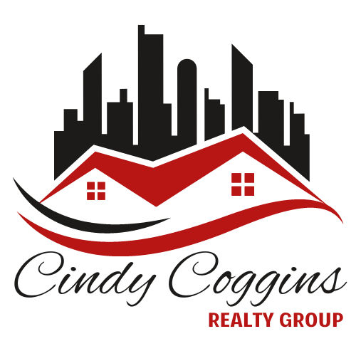 Cindy Coggins Realty Group logo with black skyline, red roof and white house, and cursive text