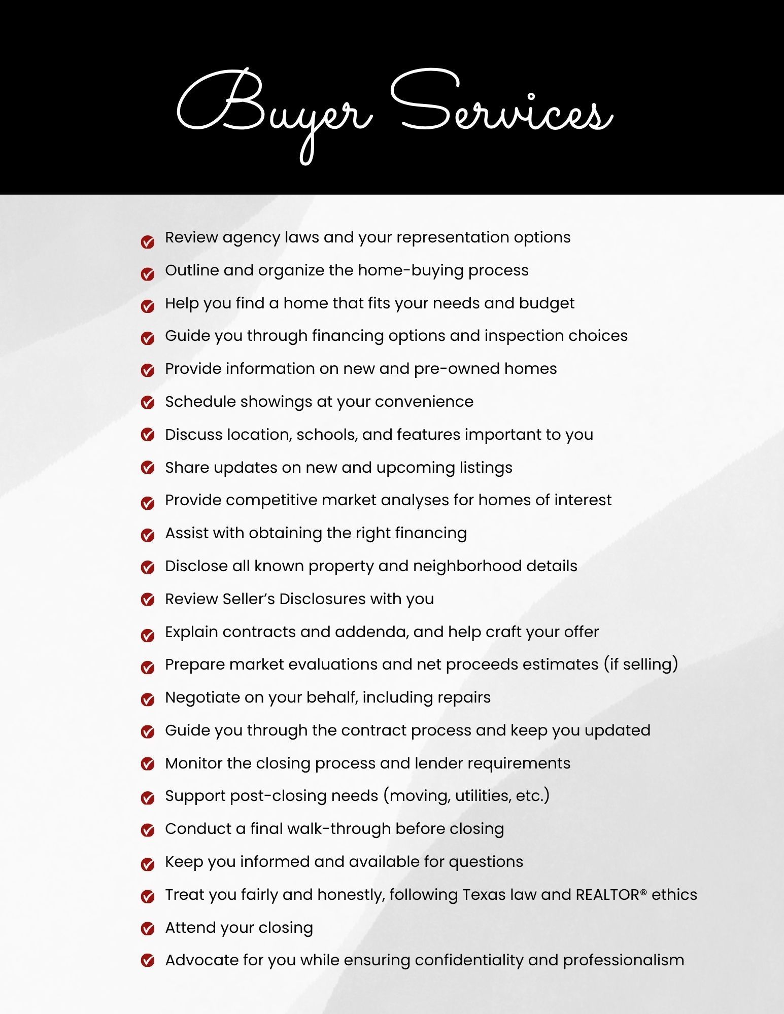 Buyer services from Cindy Coggins Realty Group for North Texas home buyers, including representation, financing guidance, property search, inspections, offers, negotiations, closing, and post-closing support.