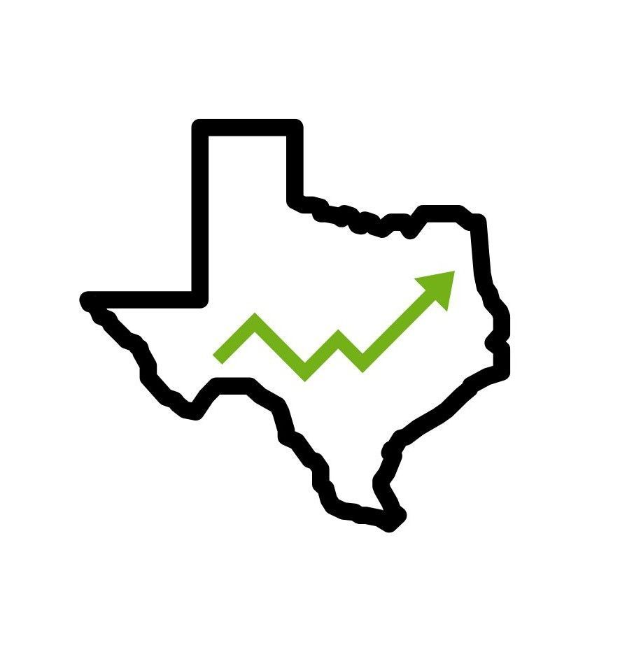 Texas outline with upward green market trend arrow representing North Texas real estate market