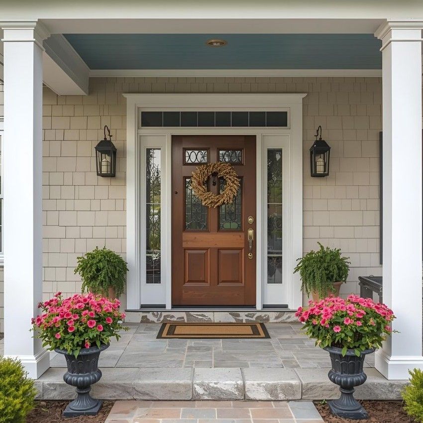 Front porch with brown door, wreath, lanterns, and pink flowers in urns on stone steps