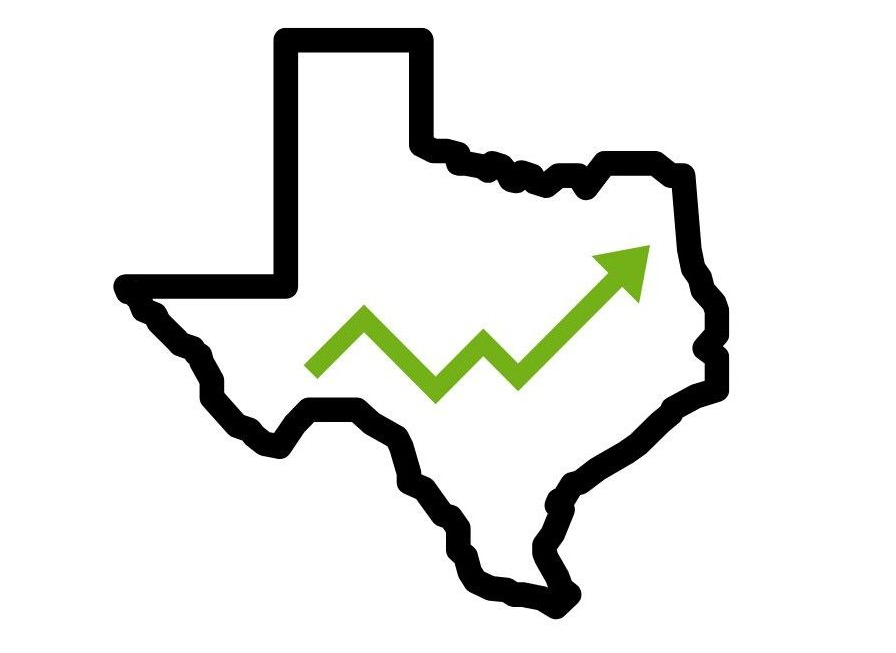 Texas outline with an upward line representing market trend