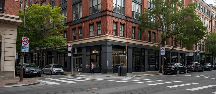 Corner street view of a red-brick building with storefronts, trees, parked cars, and a crosswalk