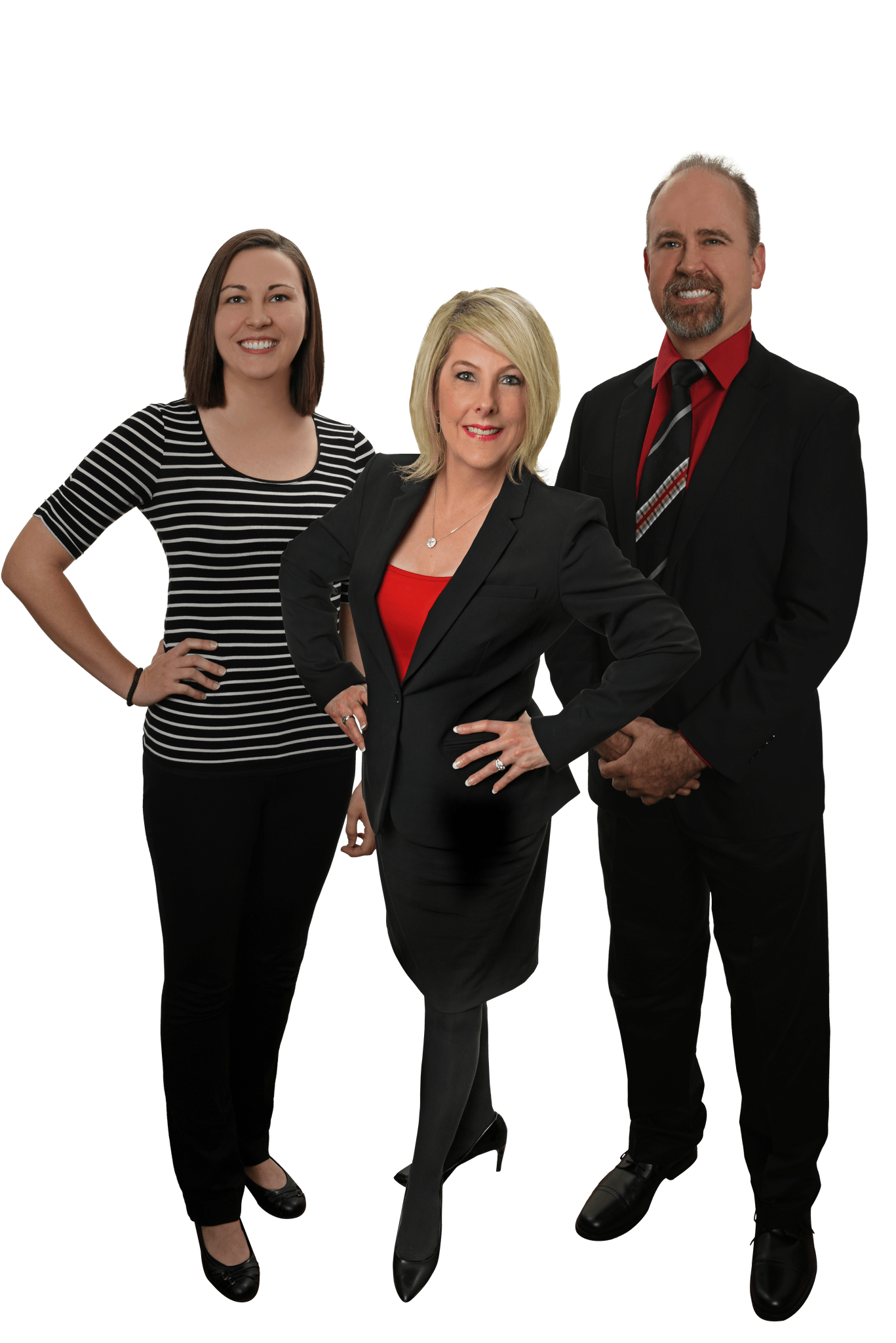 Three people posing in business attire against a white background.