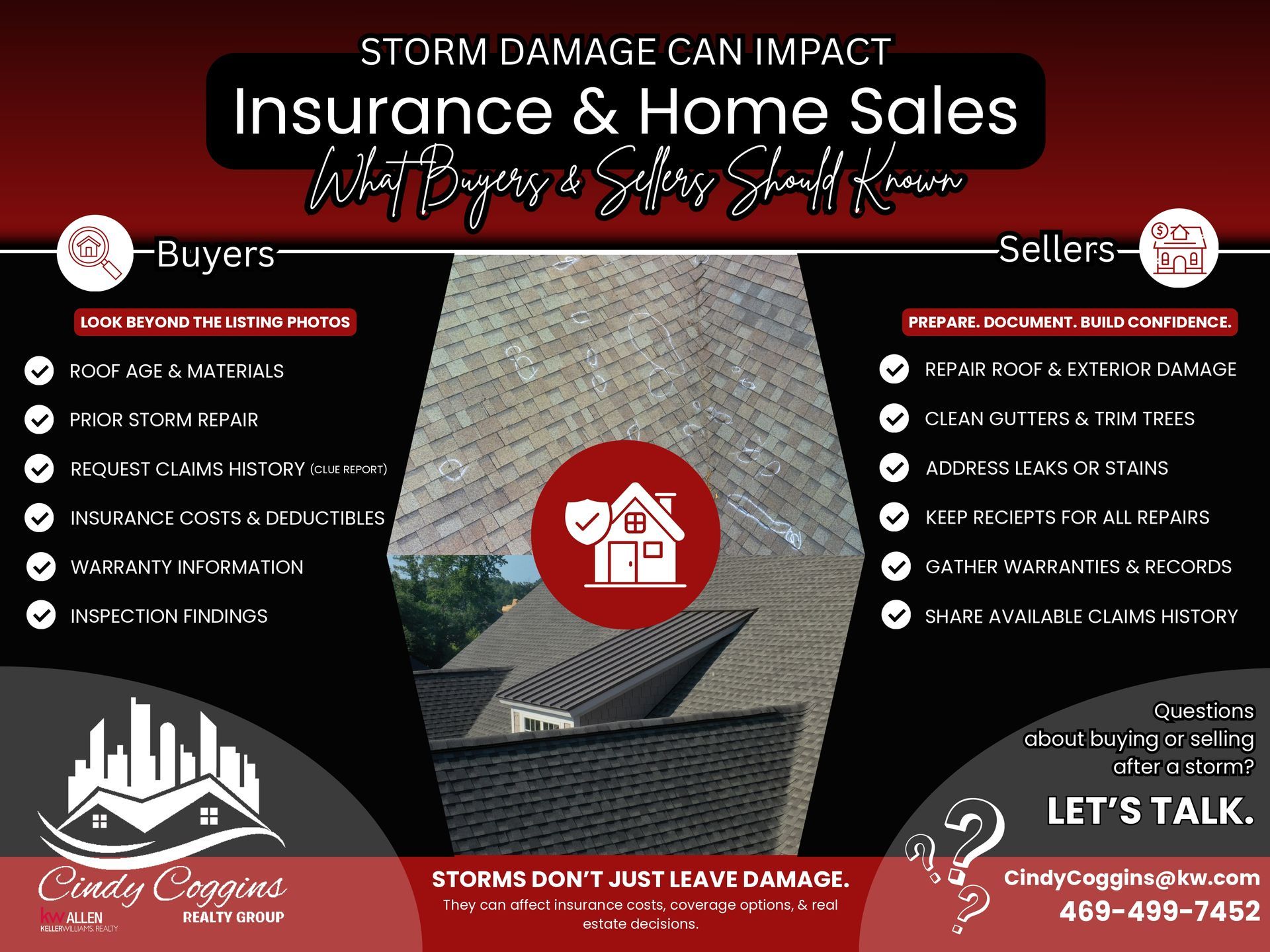 Flyer for storm-damage home sales in Insurance & Home Sales, with buyers and sellers tips on black, red, and white design