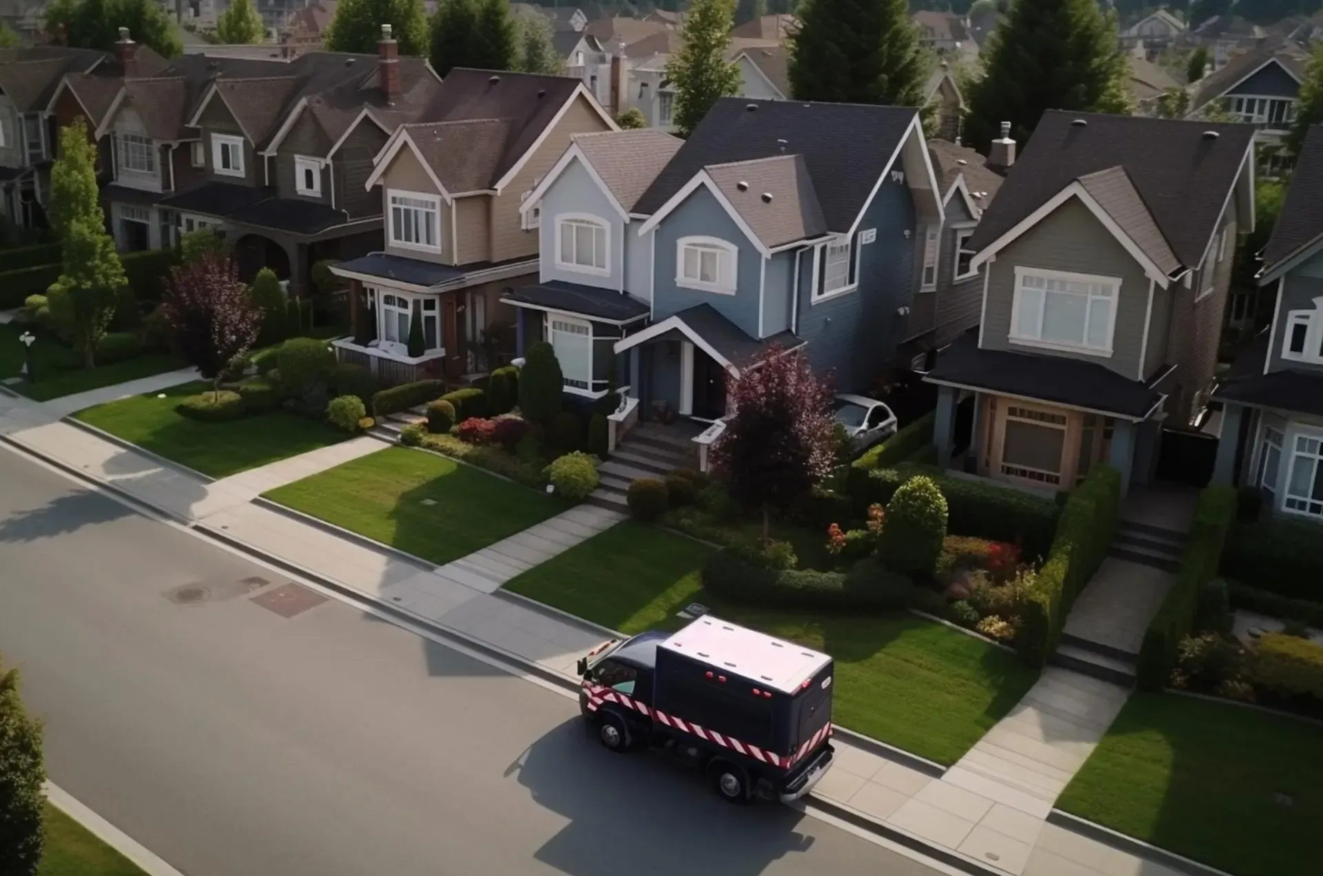 Aerial view of a suburban street with row houses and a black truck parked at the curb.