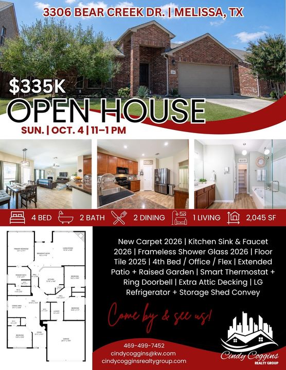 Open house flyer for 3306 Bear Creek Dr. in Melissa, TX