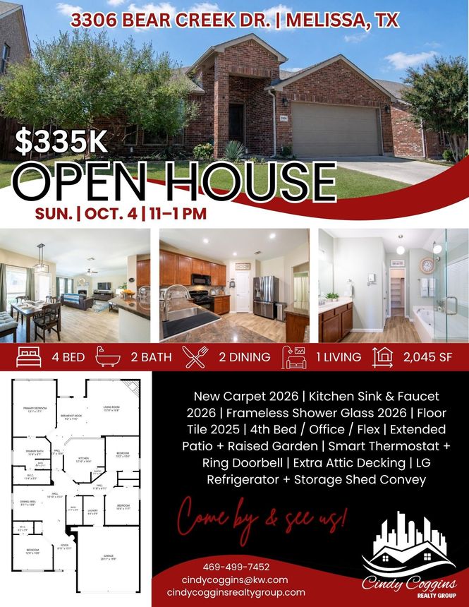 Open house flyer for 3306 Bear Creek Dr. in Melissa, TX 